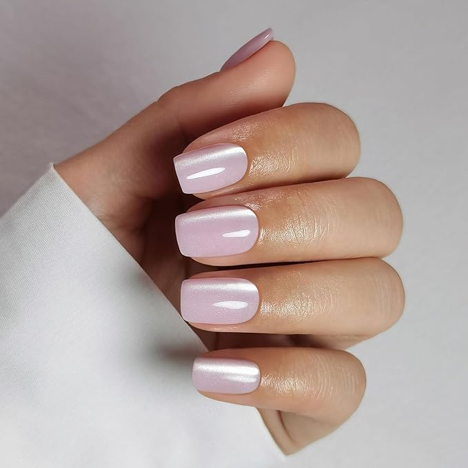 Pink Cat Eye Press on Nails Square - SHANGMENG Soft Gel Valentine Press on Nails Short for Women Gift, Fit Perfectly & Natural Glue on Nails with Glue in 16 Sizes - 32 Reusable Fake Nails, Light Pink