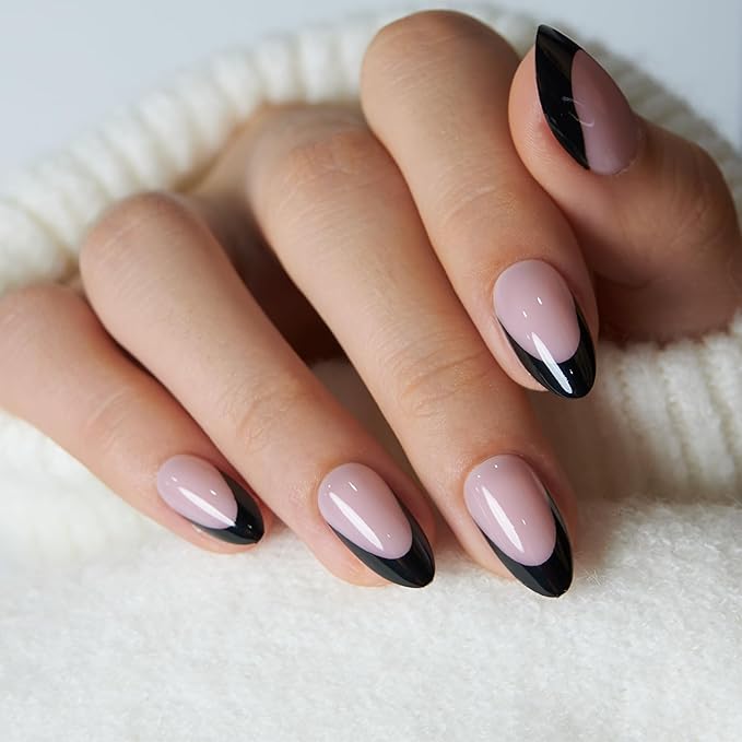 Curvlife Press On Nails Medium Almond Pink - Black Heart French Tip Press on Nails with Glue, Love Hearts Black Pink French Glossy Nude Fake Nails Long Lasting False Nail Tips for Women