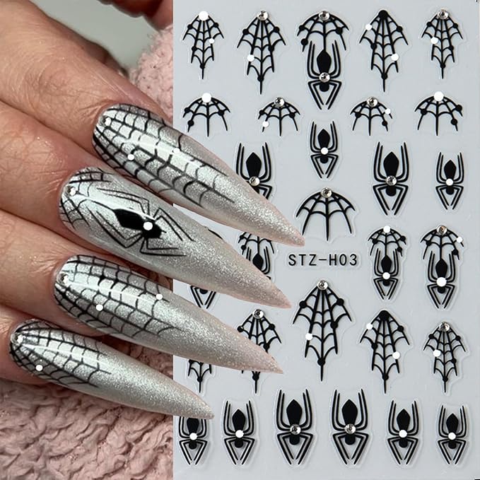 8 Sheets Halloween Nail Art Stickers Decals Colorful Bat French Tip Nails Stickers Black Spider Web Blood Drop Nails Decals Self-Adhesive Skeleton Nail Art Decal for Women Halloween Decor