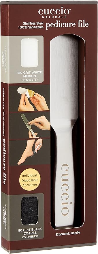 Cuccio Naturale Reusable Stainless Steel Pedicure File Kit – Includes 15 Black 80 Grit and 15 White 180 Grit Disposable Abrasive Refills – 100% Sanitizable with Ergonomic Handle