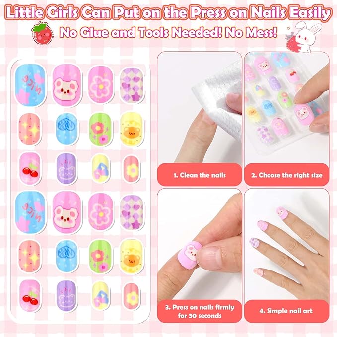 288 Pieces Kids Stick On Nails Girls, Acejoz Fake Nails Set Self Adhesive Press on Nails Tips for Little Girls Children 8-12 Year Kids Nail Decoration