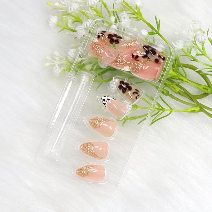 Short Press on Nails Almond Fake Nails with Chrome Leopard Flower Designs French Tip Nails Press ons Glossy Glue on Nail Brown White Gold Acrylic Nail Fall Stick on Nail for Women 24 Pcs