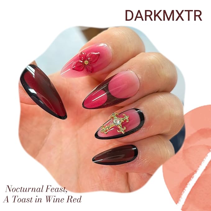 Press On Nails Almond Shape - Gothic Burgundy Pink Rhinestone Cross Design,Easy Application Manicure Set for Work, Party & Daily Use, Perfect for Women and Students