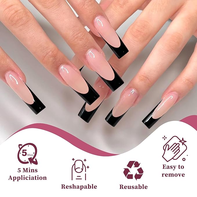120PC Black French Tip Press on Nails Long Fake Nails Press ons with 5*Adhesive Tabs, Pink Square Acrylic Nail Press on Nail French Tip Nails False Artificial Fingernails Stick on Nails-C