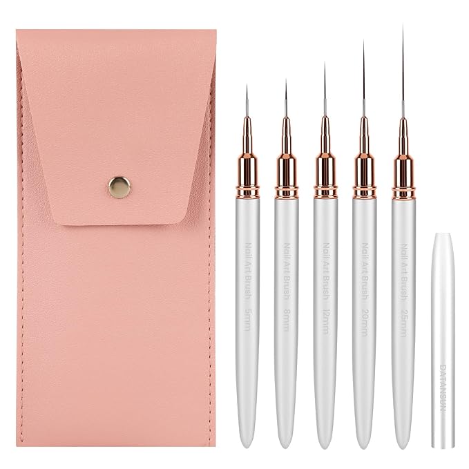 5PCS Nail Art Brushes Set with Pink Leather Case，【Metallic Material】 【Various Size】 【Light Weight】Nail Brush， Nail Brushes for Nail Art，Size：5mm,8mm,12mm,20mm,25mm，Silver