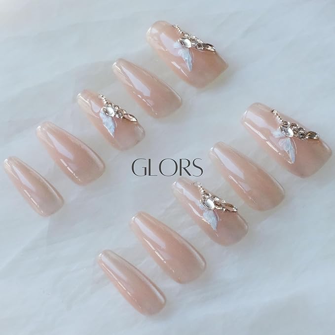 Press On Nails, Long Ballerina Coffin Shape, Nude Pink with Butterfly Rhinestone Design, Handmade False Nail 10 Pieces (Large,LB)