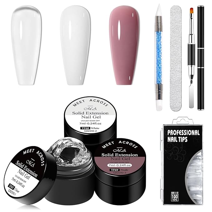 MEET ACROSS Solid Builder Nail Gel 3D Nail Gels Sculpting Gel for Art Non-Sticky Hand Extension Clear White Dirty Pink with Nail Pen Gift for Women