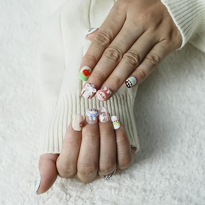3D Cherry Press on Nails Short Square - Cute Cartoon Design with Mini Bow Charms, Colorful Kawaii False Nails for Women and Girls (Cartoon-A,S)