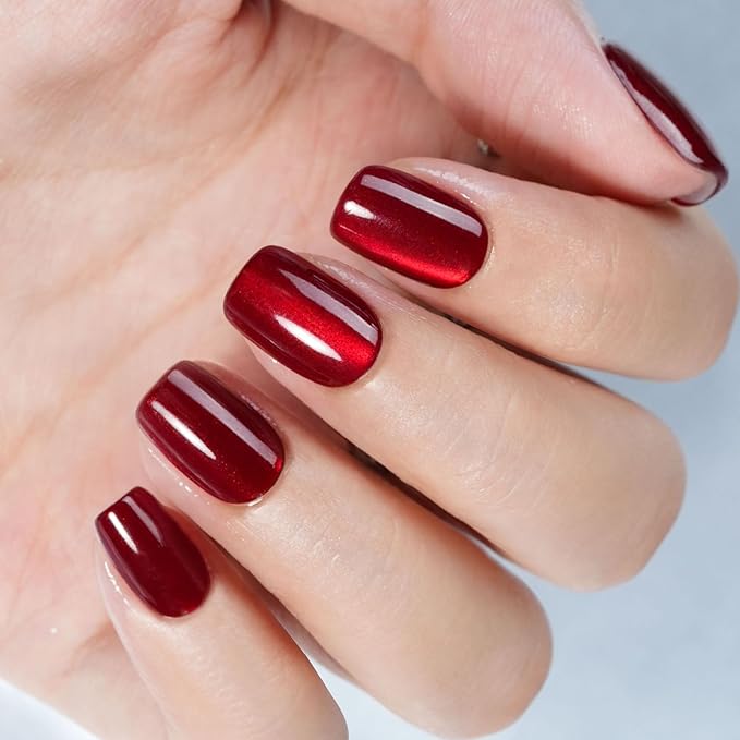 Red Press on Nails Short, Jofay Fashion Soft Gel Fake Nails, Cat Eye Press on Nails, Reusable & Natural Acrylic False Nails, Stick on Nails for Women Girls Gift, Glue on Nails Kit 32 Pcs