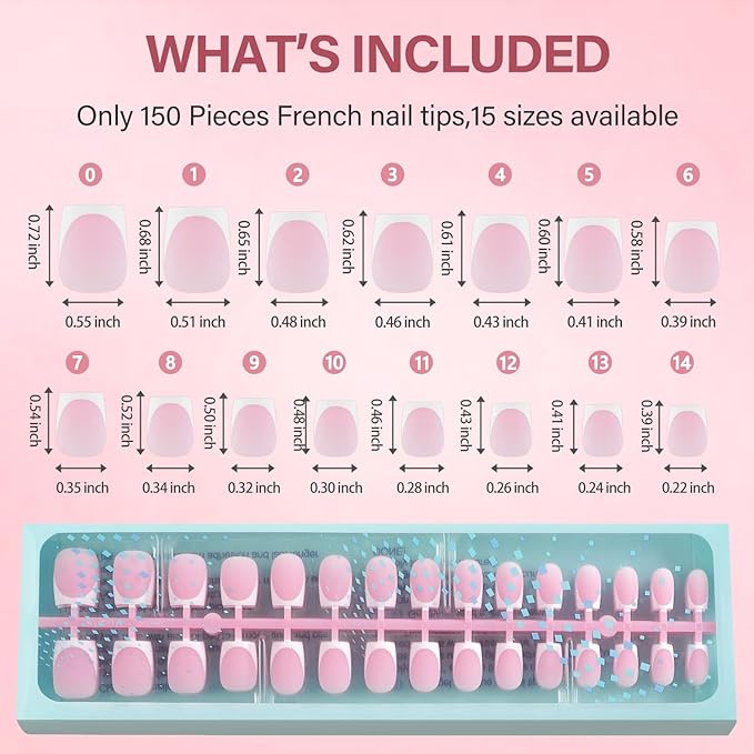 Vansiho French Gel Nail Tips, Pink 150Pcs Short Square Soft Gel Nail Tips, French Tips Press on Nails, Fake Nails for Nail Art DIY 15 Sizes