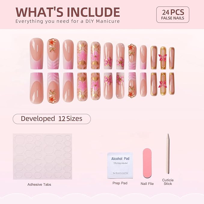 Long Square Press on Nails White French Tip Fake Nails Pink Gradient Glue on Nail with Golden Glitter Swirl 3D Flower Design Acrylic Nail 24Pcs Glossy Stick on False Nails for Women