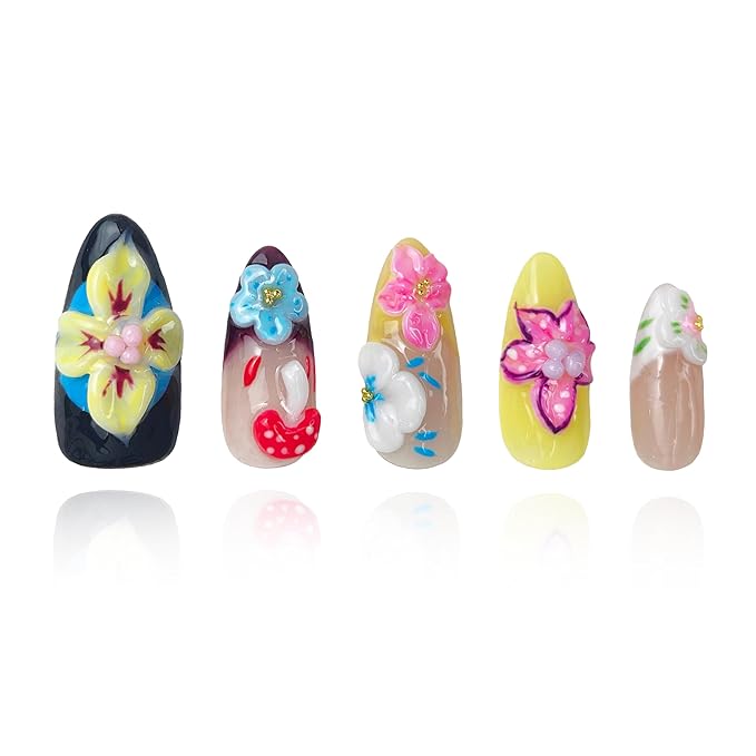 2025 Tale Blossom Long Handmade Nails Reusable Press-on Nails with Pastel Petals, Mushrooms & Fairy Meadow Accents Gifts for Women (Tale Blossom, M)