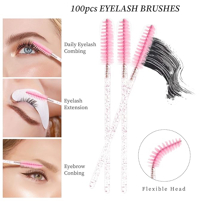 300 PCS Eyelash Extension Supplies Kit,Disposable Lash Spoolies Brushes Micro Swab Brushes Mascara Wand Lip Brushes for Eyelash Extension Tattoo Lipstick Applicator (Pink)