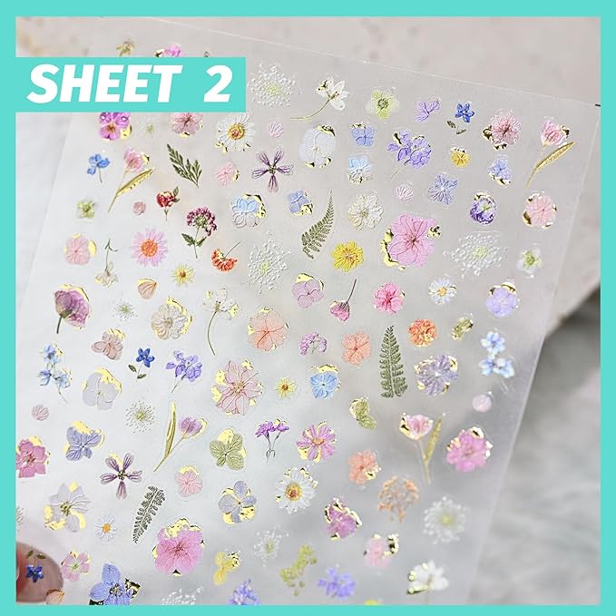 Golden Flower Nail Art Stickers, Summer Spring Floral Nail Decals, Self-Adhesive, Nail Accessories for Women, Nail Decorations 3 Sheets