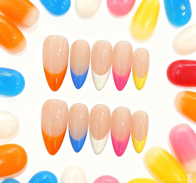 Colorful French Tip Press on Nails Medium Almond - Rainbow Edge Fake Nails Nude Sheer False Nails with Glossy Acrylic Stick on Nails for Women Girls (Colorful Nude French,M)