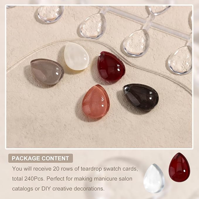 240Pcs Solid Teardrop Nail Polish Swatches Mini Display Cards Crystal Clear Glass Nail Color Swatch Dots Chart Tips for Nail Salon Training Practicing Beginners Professionals