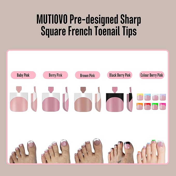 Toe Nail Tips Press on Black French Tip, BERRY PINK, Long/Medium Wide Fake Toenails, Full Cover Sharp Square Pre-Designed Soft Gel False Toenail Acrylic Extension for DIY 15 Sizes 240 pcs