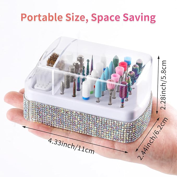 2 in 1 Nail Drill Bits Holder & Cleaning Brush Case,30 Holes Dustproof Nail Art Drill Bits Stand Display Storage Box and Nail Drill Bits Cleaner Manicure Tools Shiny (Multicolor)