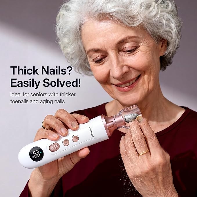 Litbear Electric Nail Drill File Set, 15 Speed Professional Nail Grinder for Thick Toenails, Cordless Pedicure Manicure Tool Callus Remover for Women Men Senior Hand Feet Care, Home Salon Use (White)