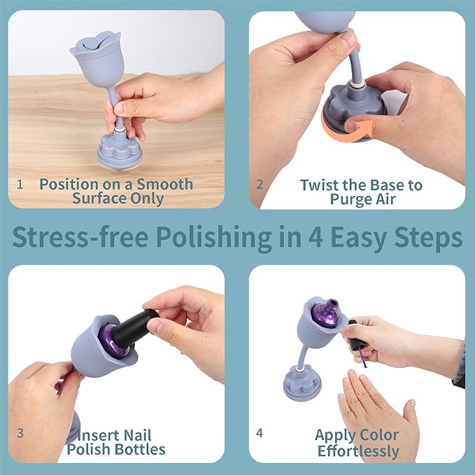 Nail Polish Bottle Holder, Rose-Shaped with 360° Rotating Stem, Tilted for No-Spill, Strong Suction Cup, All-Bottle Fit (Blue)