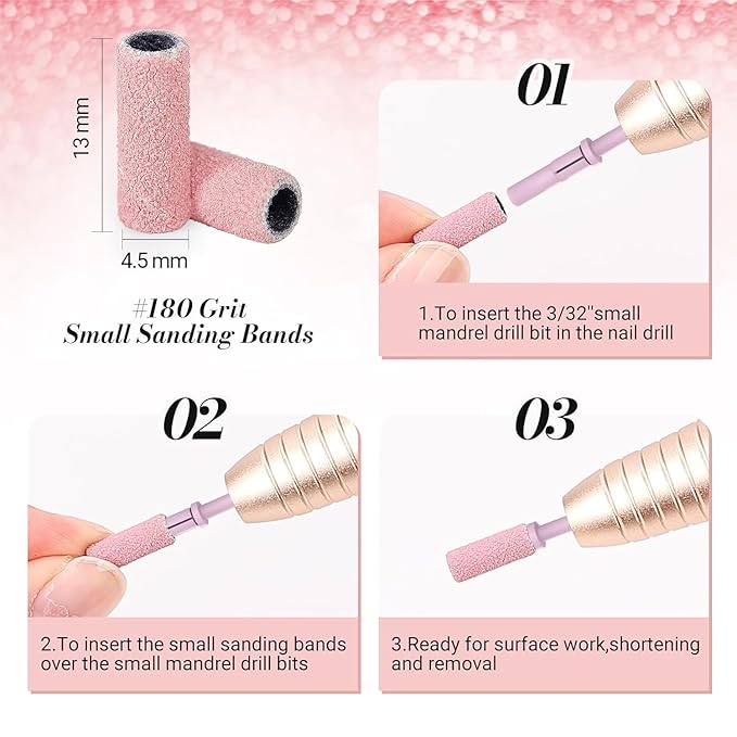 MelodySusie 240 Pcs Nail Drill Bits Small Sanding Bands for 3.1mm Mandrel Bit, 180 Fine Grit Nail File for Acrylic Nails Gel Manicures and Pedicure, Pink (Only Sanding Bands)