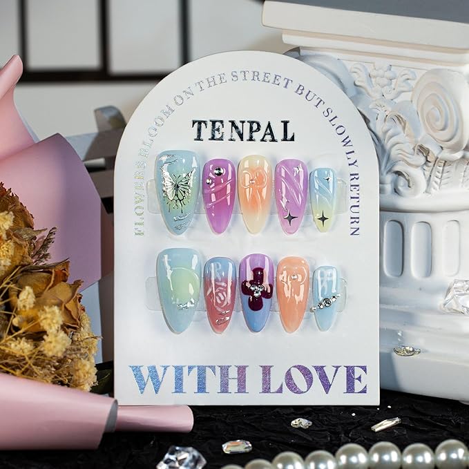 Spring Summer Bright Colorful Press on Nails Almond Acrylic Nails Press Ons with Hand-painted Designs Butterfly Stars Flower Full Cover Glossy Glue on Nails 10pcs/box Cute Almond Nails(XS)