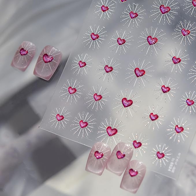 Valentines Nail Stickers for Nail Art Pink Heart Nail Art Stickers 5D Embossed Glitter Nail Decals Holiday Nail Design for Women Manicure DIY Decoration Accessories