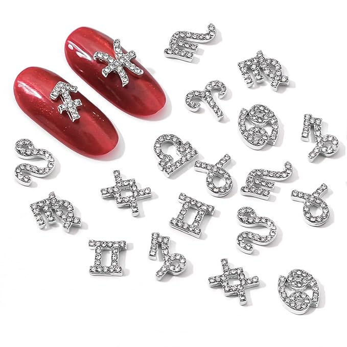 24 Pieces Silver Alloy Zodiac Nail Charms 12pcs Zodiac Signs Nail Studs 12pcs Constellation Words Charms Twelve Constellation Nail Charms for Women Girls Nail Art Decoration