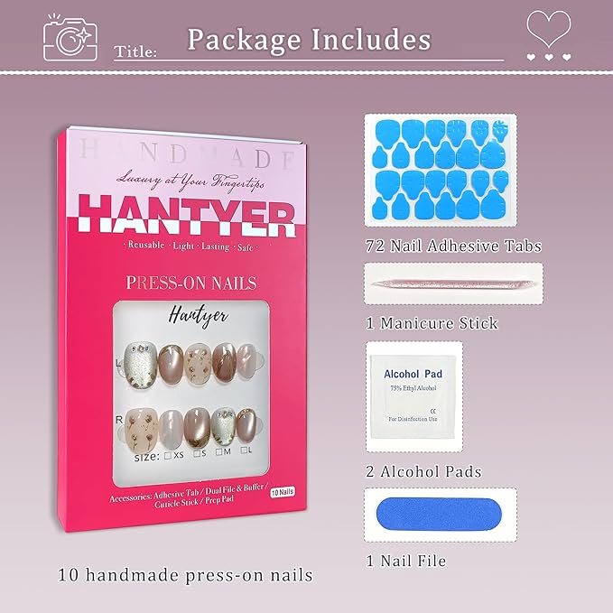 Soft Glam Pink Cat Eye Press on Nails with Hand-Painted Tulips, Rhinestones & Gold Lines - Short Oval Glossy Fake Nails, Reusable Elegant False Nails for Women Fall Winter Party Date, Size XS