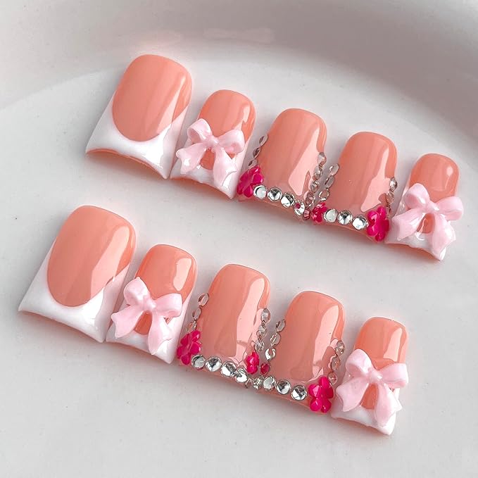 French Tip Press on Nails Handmade Short Duck 3D Floral Thick Acrylic Nails White False Nails with Bow Flower Rhinestones Designs Cute Glossy Fake Nail Sturdy Art Press on Nail 10Pcs(M)