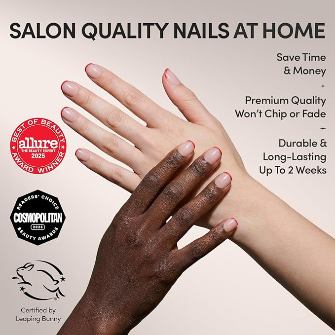 Valentines Day Glamnetic Press On Nails - Hotline Red | Super Short Fake Nails in Fiery Red French Tips on Semi-Transparent Base in a Glazed Finish | 15 Sizes - 30 Nail Kit with Glue