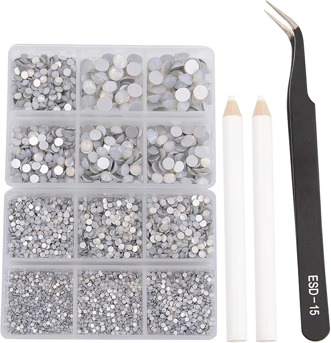 NCB 8000pcs Non Hotfix Rhinestones 10 Sizes Flatback Crystal Glass Rhinestones with Tweezers and Picking Pen for Nail Art Clothes Bags Phone Decorations Crafts DIY (026 White Opal Mix SS3-SS30)