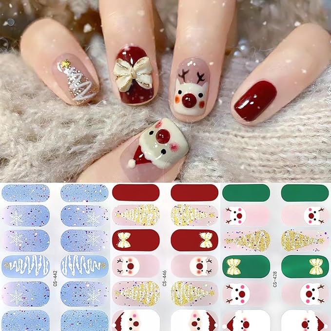 6 Sheets Christmas Nail Wraps Stickers 3D French White Snowflake Gel Nail Stickers Strips Self-Adhesive Winter Holiday Full Wraps with Xmas Trees Santa Reindeer Nail Polish for Women Acrylic Nails DIY