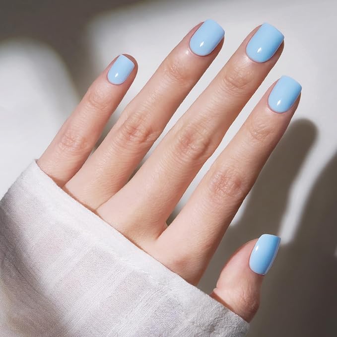 Modelones Extra Short Press on Nails, Squoval Fake Nails, Reusable Nail Kit with Nail Glue Adhesive Tabs Mini Nail File, Nails Press Ons 32Pcs 16 Sizes, Baby Blue, Spring Women Girl Gift