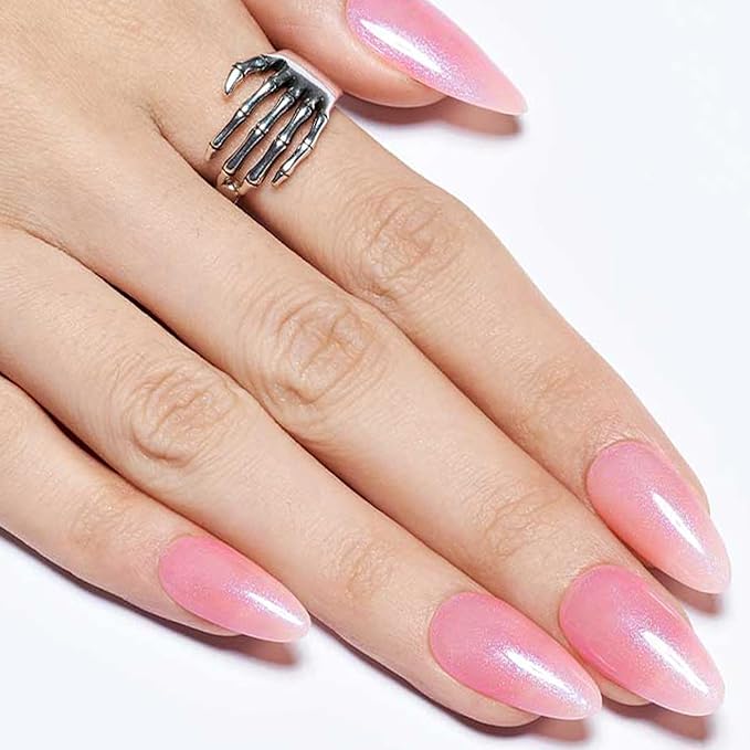 GLAMERMAID Pearl Pink Press on Nails Medium Almond, Handmade Nude Pink Neutral Jelly Sofy Gel Glue on Nail Stiletto, Glossy Fake Nails Short Oval，Reusable Acrylic Stick on False Nail Kits for Women