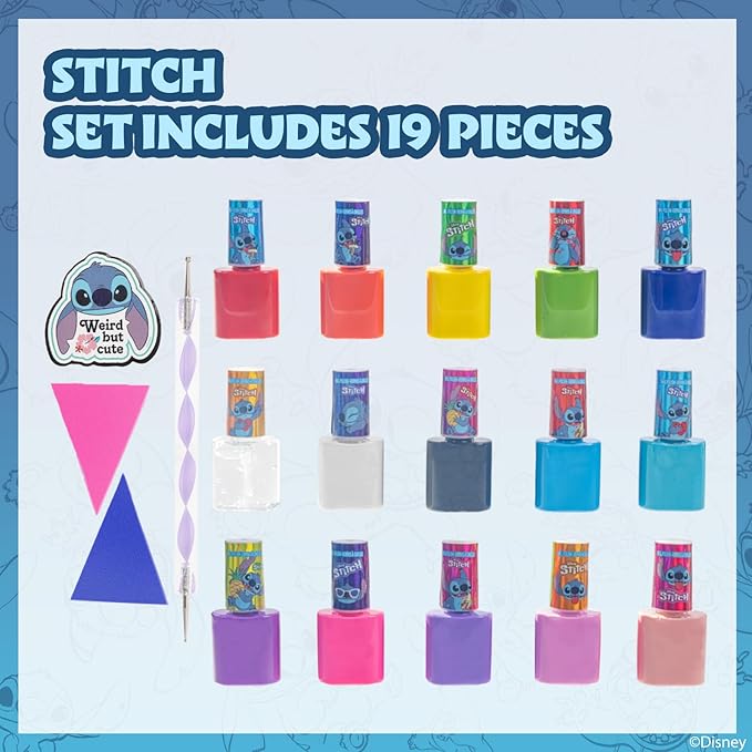 Disney Stitch 15 Piece Water-Based Nail Art Activity Makeup Set, Includes Nail Polish, Nail Brush and Nail Files, For Parties, Sleepovers and Makeovers, Ages 6+, by Townley Girl