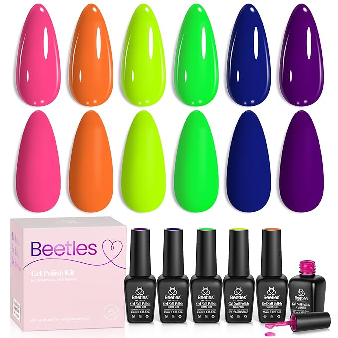 Beetles Neon Gel Nail Polish Set - Dopamine Pleasure 6 Colors Neon Gel Polish, Orange Hot Pink Blue Yellow Green Purple Soak Off Uv Led Spring Nails Art Manicure for Women