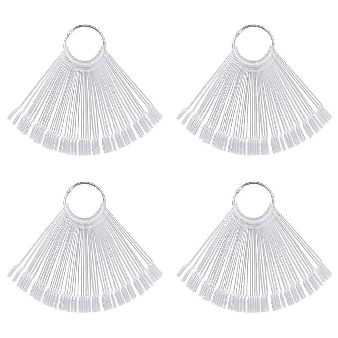 Set of 4 Total 200 Pcs Clear Nail Swatches Sticks, Transparent Fan-shaped Nail Art Tips Display Polish Board Display Practice Sticks Tool with Metal Split Ring Holder