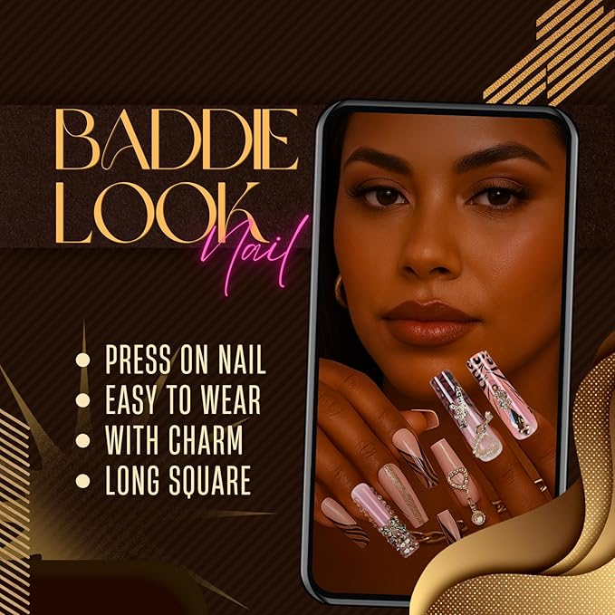 XL Junk Nails Press On – 24Pcs Gold Charm False Nails, French Tip Long Coffin Shape DIY Fake Nails for Women, Bling Rhinestones Nail Kit for Baddie Nail Look (Designs, long pink)