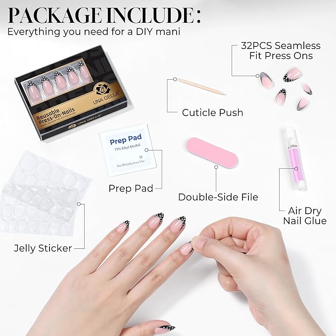 UNA GELLA 32Pcs Soft Gel Press on Nails - 16 Sizes Polka Dot French Tip Almond Glue on Nails, Reusable Nude False Nails with Black Dots, Full Cover Acrylic Nail Kit for Women DIY Home Manicure