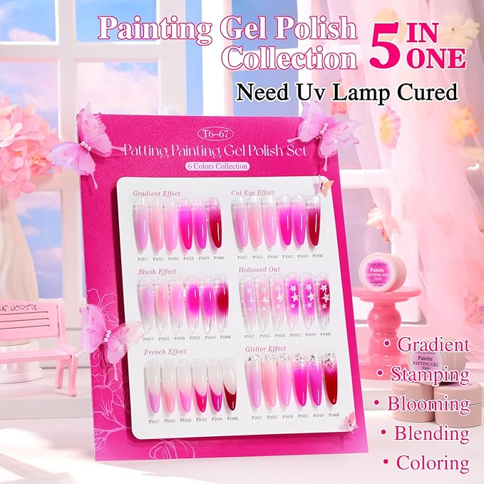 Double Rhythm Painting Gel Polish Set for Nail Art Palette Patting Gel Polish 6 Colors with 100 Pcs Sponges and Grabbing Pen (Pink Rose Purple-T6-67)