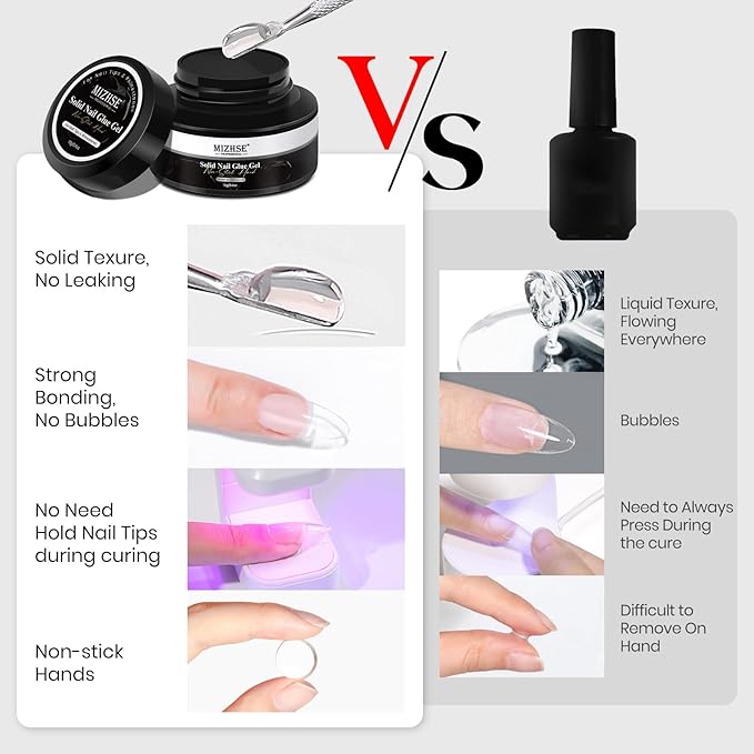 MIZHSE Solid Nail Glue Gel for Press on Nails, 18g 3 in 1 Nail Glue Gels for Fake Nails Strong Adhesive Solid Gel Rhinestone Glues U V LED Lamp Cured Needed Nail Salon Home DIY