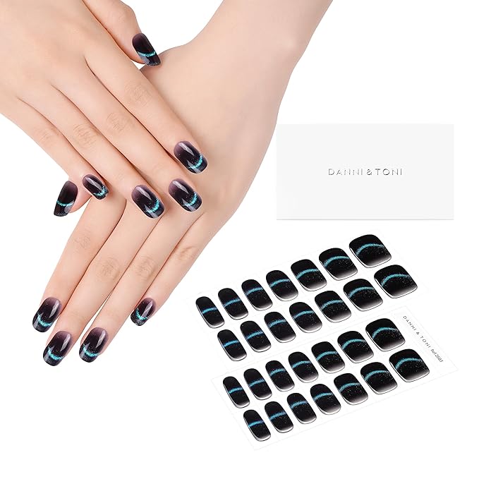 DANNI & TONI Gel Nail Strip Black Cat Eye Semi Cured Nail Stickers (Onyx Glimmer) UV Gel Nail Wraps 28 Stickers