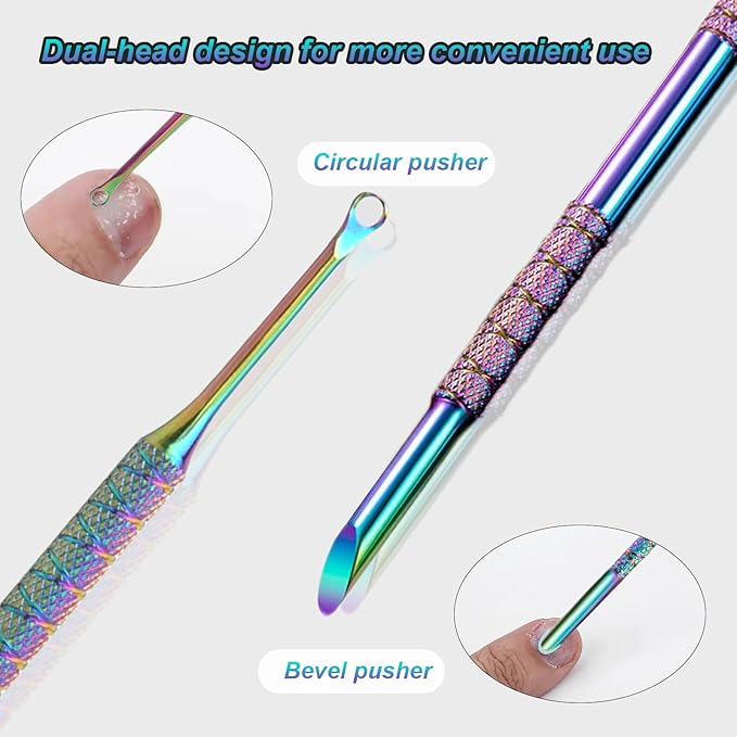 JERCLITY 2 Pieces Iridescence Double-Ended Stainless Steel Cuticle Pusher Cuticle Remover With 180 Grit Sandpaper Sheets Nail Prep Tools Russian Manicure Kit Nail Cuticle Pusher for Women