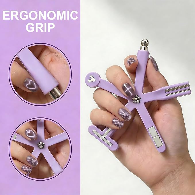 8 in 1 Cat Eye Magnet, Nail Magnets for Cat Eye Gel Polish, Cat Eye Tools for Nails with Steel Ball, Multifunctional Nail Magnet for Nail Salon Home DIY (Purple)