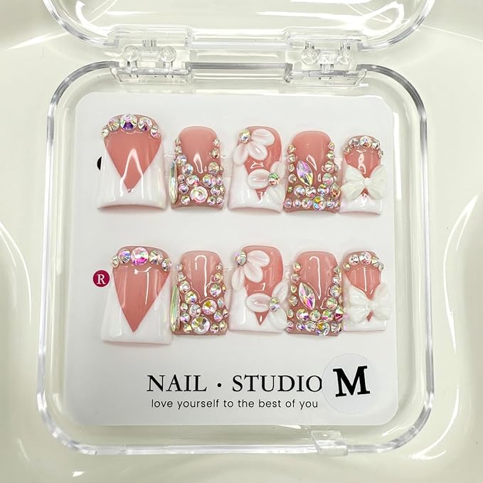 Handmade Press on Nails Rhinestones Press on Nails Short Duck Shaped Fake Nail White French Acrylic Nails Full Cover Reusable Flower False Nail for Women Girls Nail Accessories (Size S)