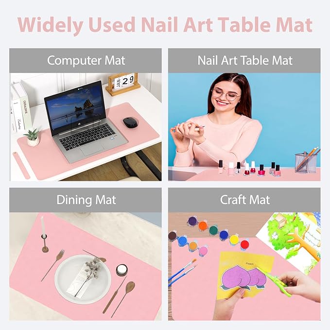 2 PCS Nail Art Table Mat, Soft Microfiber PU Leather Nail Pad, Foldable Nail Art Rest Pad, Reusable Nail Mat for Table Desk, Acrylic Nail Desk Mat for Nail Cushion(Pink+Black)