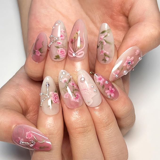 Handmade 3D Pearl Bow Pink Press On Nails Medium Almond With Cute Charms, Bow Tie Pearl Pink Roes Folwer Designer Reusable Acrylic Fake Nails With Glue On Nails, Daily Wear Nails For Women