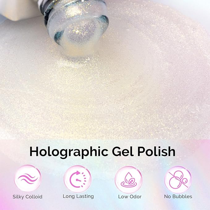 MelodySusie Jelly White Aurora Shimmer Gel Nail Polish, 0.5fl oz Soak Off UV LED Holographic Yellow Glitter Gel Polish Gift for Women Nail Art Manicure Salon DIY Nail Design Decoration at Home-G2303