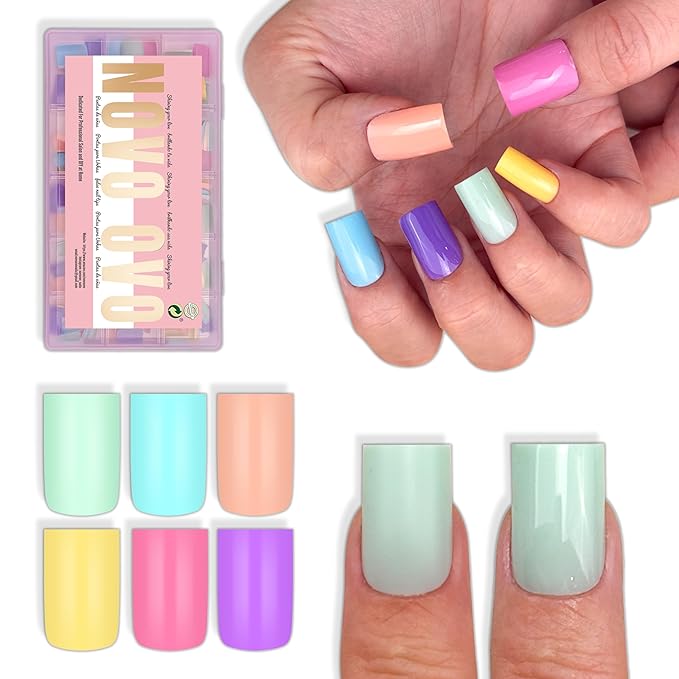 NOVO OVO Pastel Nail Tips Press on Macaron Color Colorful 6 Mix Dopamine Shades, Short Sharp Square Soft Gel Matte Thick False Nail Extension, Full Cover Acrylic for Salon DIY x 15 Sizes 180 pcs
